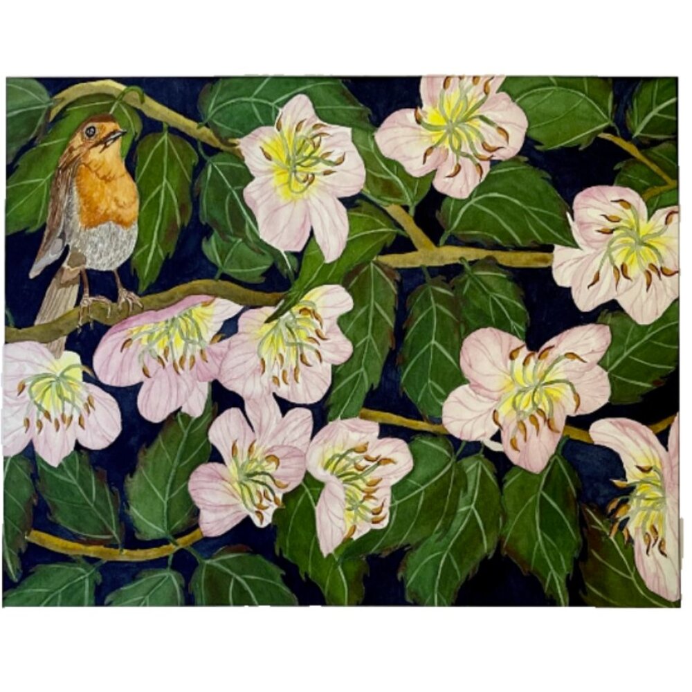 PAINTING WATERCOLOR ORIGINAL ART APPLE FLOWER BLOSSOM ROBIN BIRD 11X14 MAT 16X20